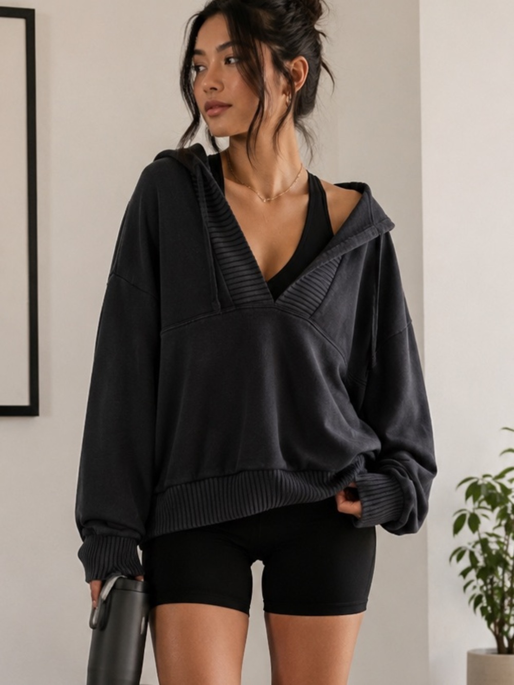 AERIE Offline Black Ribbed Trim Oversized Athleisure Hooded Sweatshirt Size XXS